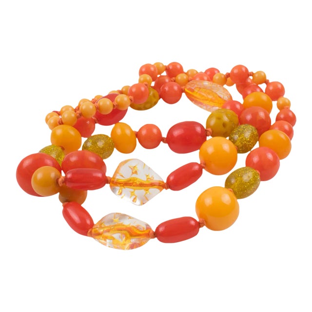 Bakelite and Lucite Long Necklace Sunny Yellow and Orange Colors For Sale