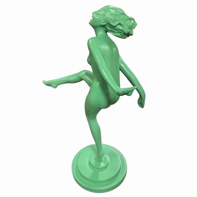 1920s Frankart Style Art Deco Dancing Nymph Green Spelter Metal Statue For Sale - Image 5 of 8