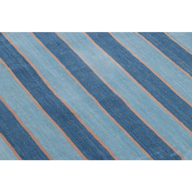 1950s Vintage Dhurrie Rug With Navy and Sky Blue Stripes, Pink Accents - Rug & Kilim For Sale - Image 5 of 7