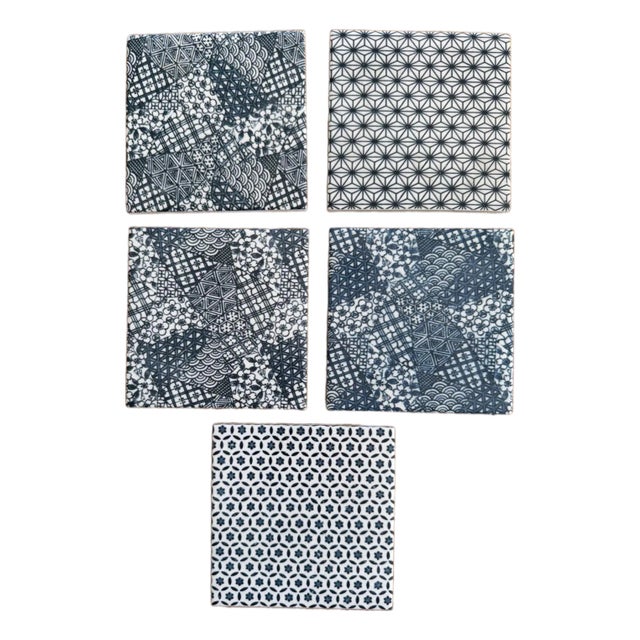 Japanese Geometric Ceramic Tile 6”HexagoAsanoha Shippo Edo Pattern Blue Lot Of 5 For Sale