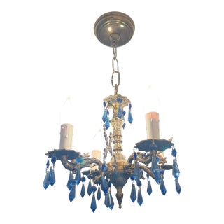 1900s Fabulous Antique Bronze Chandelier With Blue Crystal Drops For Sale
