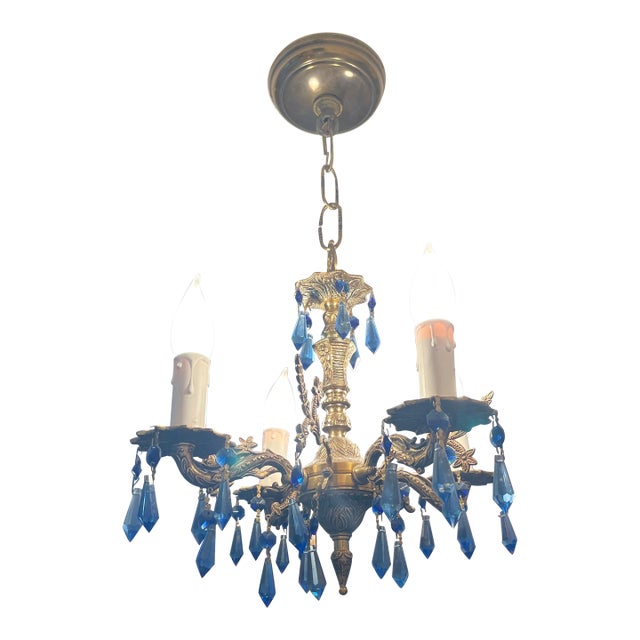1900s Fabulous Antique Bronze Chandelier With Blue Crystal Drops For Sale