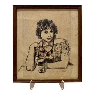 Mid 20th Century Eugene Speicher Signed Original Pencil Drawing Portrait Figure at Table For Sale
