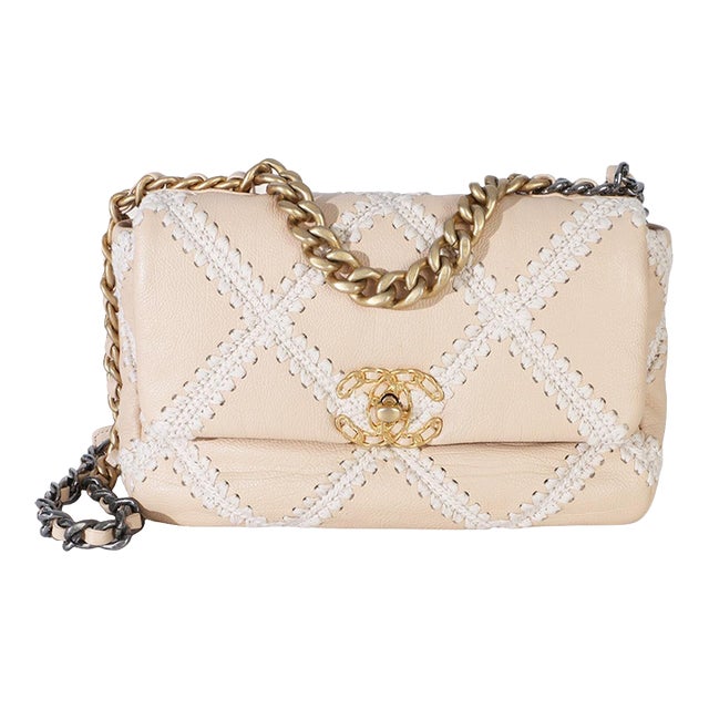 Beige Calfskin Crochet Medium Chanel 19 Flap Bag For Sale