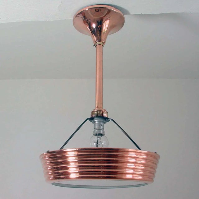 French Art Deco Copper and Satin Glass Flush Mount Pendant, 1930s For Sale - Image 4 of 12