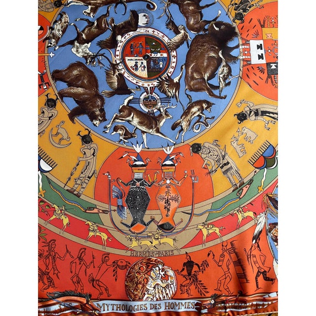Textile Hermès Silk Scarf Mythologie Des Hommes Rouges Design By Oliver Kermit 1999 For Sale - Image 7 of 9