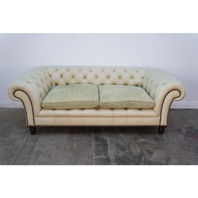 1990s George Smith Light Green Leather Chesterfield Sofa With Nailheads For Sale - Image 10 of 12