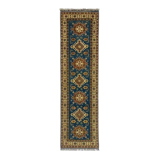Blue and Beige Kazak-Style Wool Runner Rug, Natural Dyes, 2'8" X 9'9" For Sale