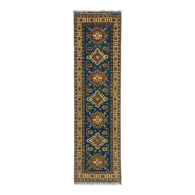 Blue and Beige Kazak-Style Wool Runner Rug, Natural Dyes, 2'8" X 9'9" For Sale