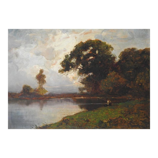 Late 19th Century Barbizon School Landscape With Fisherman Painting For Sale