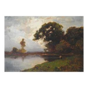 Late 19th Century Barbizon School Landscape With Fisherman Painting