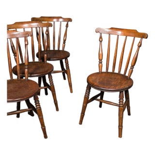 Set of 4 Antique Station Chairs, English Beech Dining Seat, Reception, Edwardian For Sale