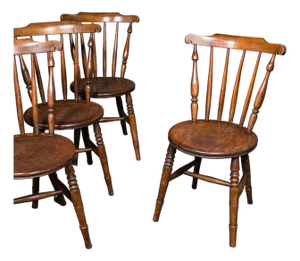 Set of 4 Antique Station Chairs, English Beech Dining Seat, Reception, Edwardian