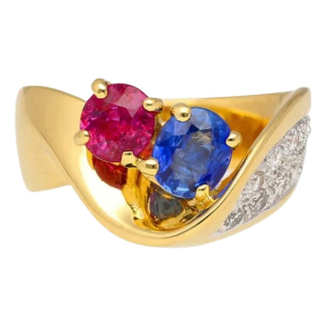 1.5 Carat Sapphire & Ruby With Diamond 18k Yellow Gold Crossover Statement Ring For Sale