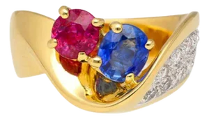 1.5 Carat Sapphire & Ruby With Diamond 18k Yellow Gold Crossover Statement Ring