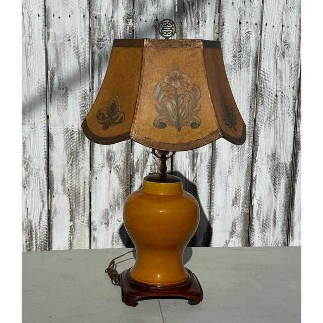 1940s Eggyolk Chinese &Terracotta Color Lamp With Custom Floral With Hand Painted Parchment Shade For Sale - Image 15 of 18