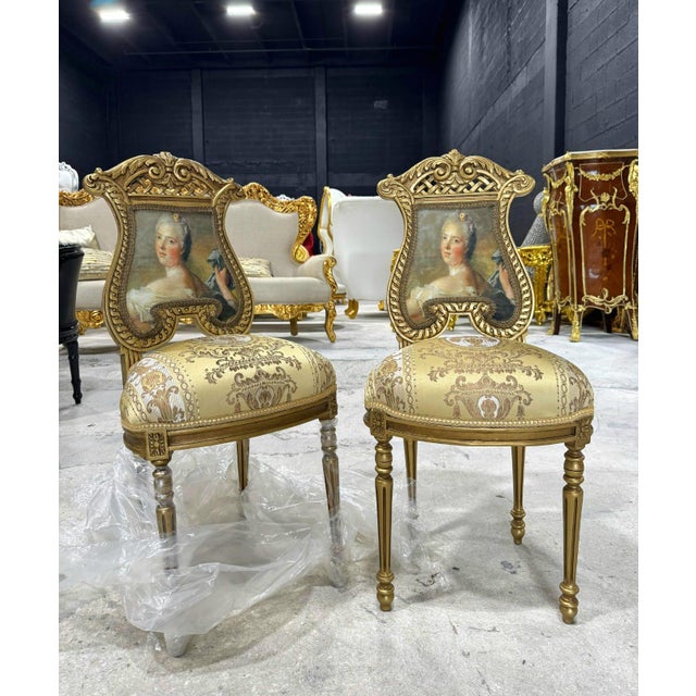 Gold French Rococo Gold Accent Chair With Lady Portrait Set of 2 For Sale - Image 8 of 9