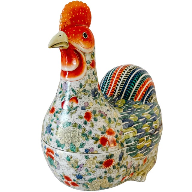 Large Vintage Chinese Famille Rose Polychrome Enamel Rooster Form Covered Box & Tureen For Sale - Image 4 of 15