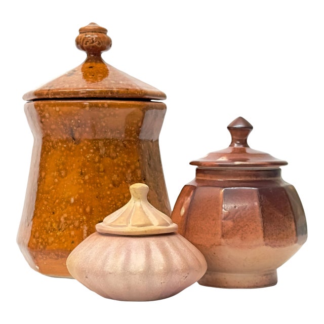 Hand-Made Faceted Earthenware Container Curation - Group of 3 For Sale