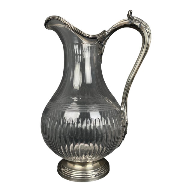 19th Century French Sterling Silver & Crystal Pitcher by Tetard Freres For Sale
