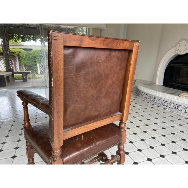 Animal Skin Antique High Back Carved Wood Leather Chair For Sale - Image 7 of 12