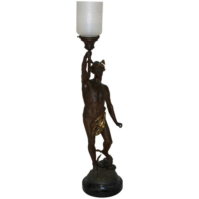 Late 19th Century Hermès Statue Lamp With Greek Key Glass Shade For Sale - Image 10 of 10