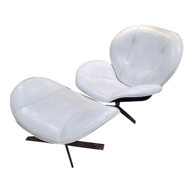 Vintage Ligne Roset White Leather Lounge Chair and Ottoman For Sale