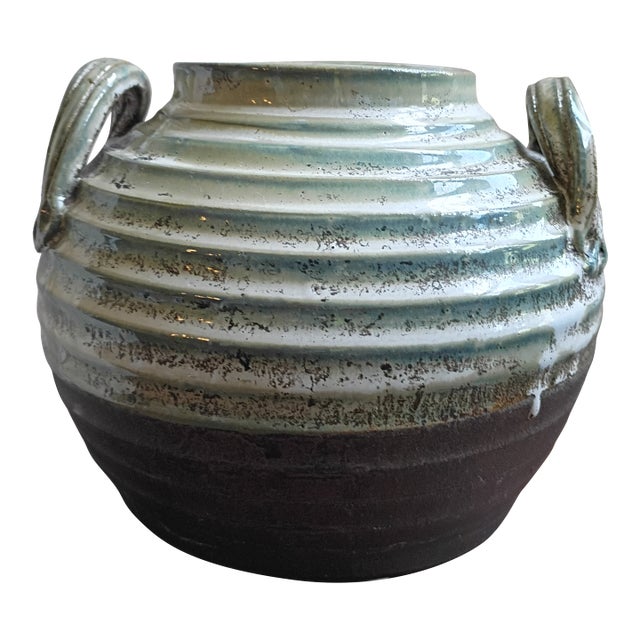 Mid-Century Modern Ribbed Studio Pottery Drip-Glaze Double-Handled Urn Vase For Sale