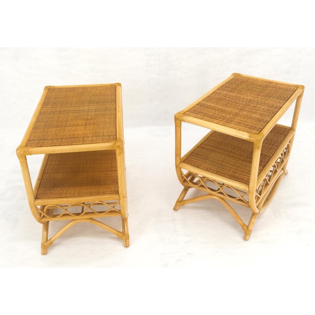 Pair Rattan Bamboo Grass Cloth Top Two Tier End Side Tables Stands Magazine Rack