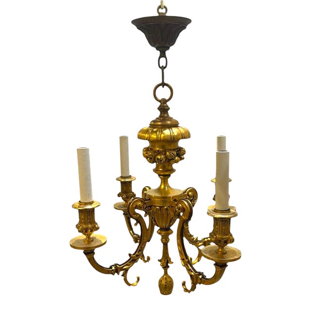 1900s Gilt Bronze Flowers Chandelier 4 Lights For Sale