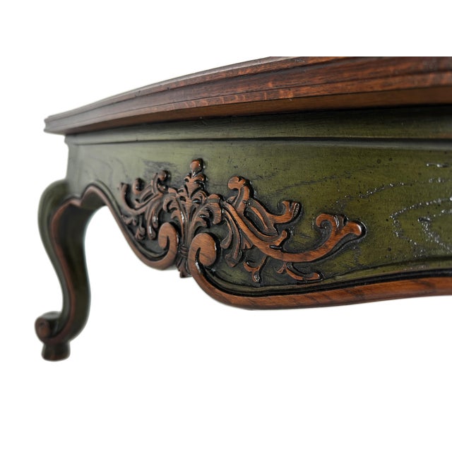 Wood Unique Vintage French Provincial Style Carved Two Tone Green and Brown Coffee Table For Sale - Image 7 of 13