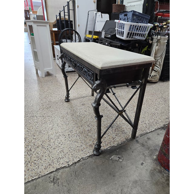 Late 20th Century Neoclassical Horsehead Wrought Iron Console Table W Cast Stone Top For Sale - Image 4 of 12