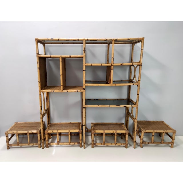 1970s Postmodern Bamboo Bookcase with Smoked Glass Shelves by Vivai del Sud, Italy, 1970s, Set of 5 For Sale - Image 5 of 18