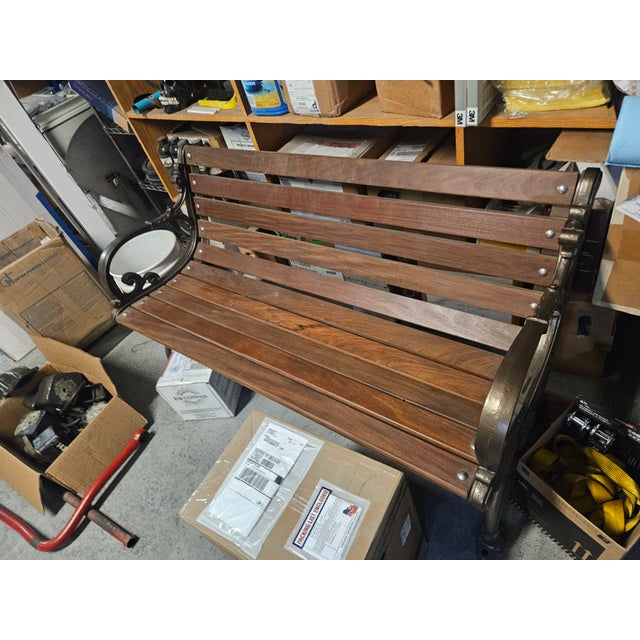 Victorian 1950s Attributed Restored Woodstock, Vermont Bench Mfg. Co. Cast Iron Garden Bench With Oiled Ipe Slats (Bronze Finish) For Sale - Image 3 of 12