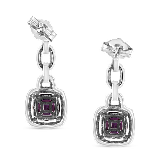 Contemporary .925 Sterling Silver 6x6MM Cushion Shaped Natural Purple Amethyst and Diamond Accent Drop and Dangle Earrings (I-J Color, I1-I2 Clarity) For Sale - Image 3 of 5