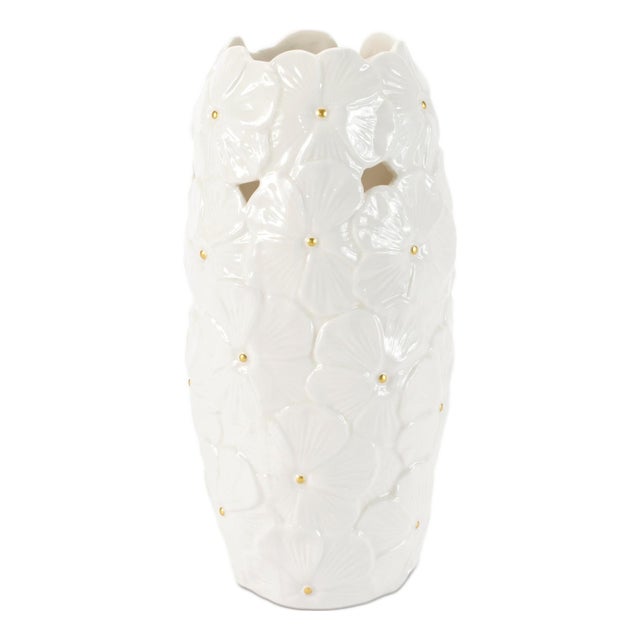 White Floral Embossed Ceramic Vase (Set of 2) For Sale