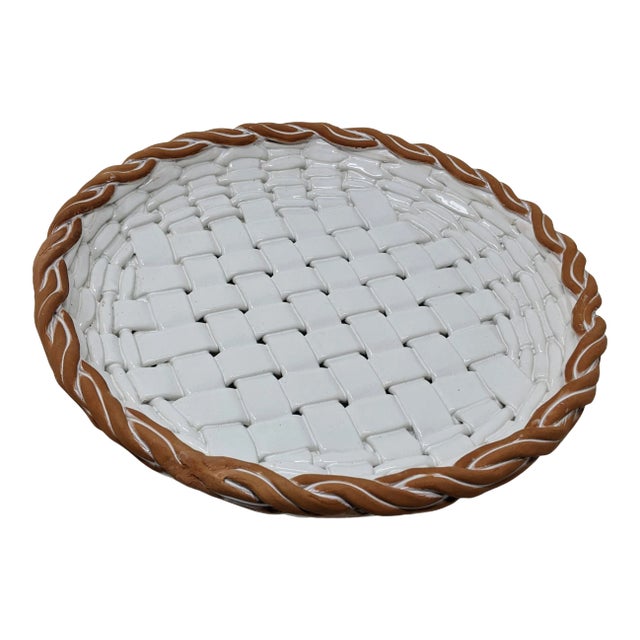 Vintage 1990s Italian European Ceramic Castellan White Hand Woven Terracotta Basket Bowl For Sale