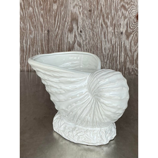 Ceramic Vintage Coastal Glazed Ceramic Nautilus Shell Planter For Sale - Image 7 of 9