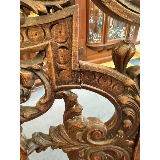 Antique Pair of Carved Walnut Jacobean Revival Throne Chairs With Red Leather Seats For Sale - Image 13 of 16