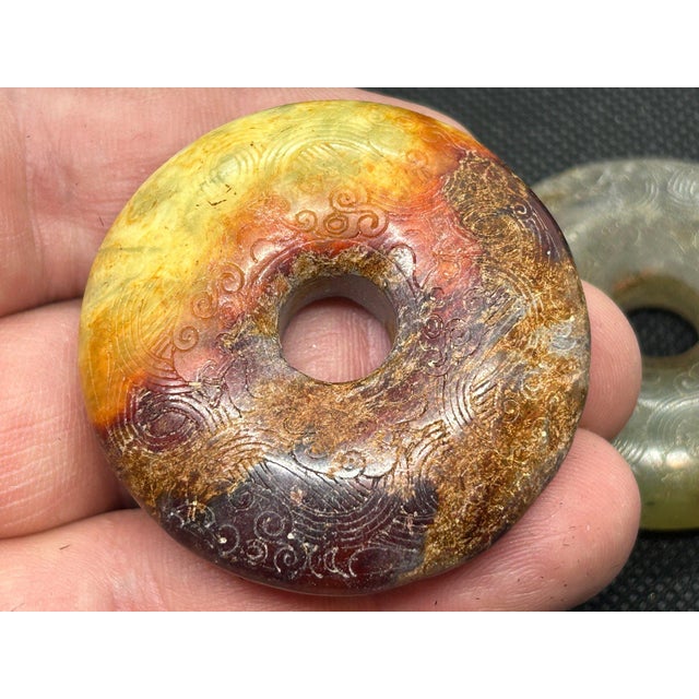 Jade Trio of Finely Carved Chinese "Hongshan Style" Jade Bi Disc Pendants For Sale - Image 8 of 9