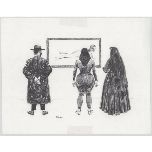 1960s J Herr "Art is Everyone" figural litho on paper. Shows a nun and a Rabbi looking at a nude.
