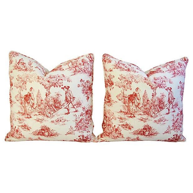 French Country Red White Toile Feather Down Pillows 24 Square