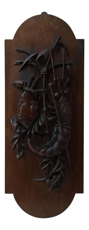 Asian Wood Carved Wall Plaque with Crab and Lobster