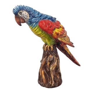Vintage Italian Majolica Glazed Ceramic Parrot / Macaw Figurine on Tree Stump Base For Sale