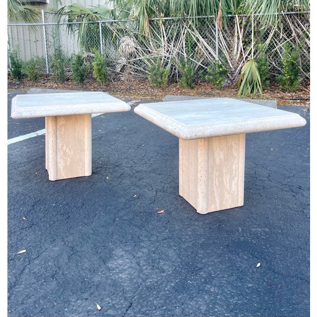 Mid-Century Modern Pair of Travertine Square Side Tables | Italian Mid Century Style For Sale - Image 3 of 12