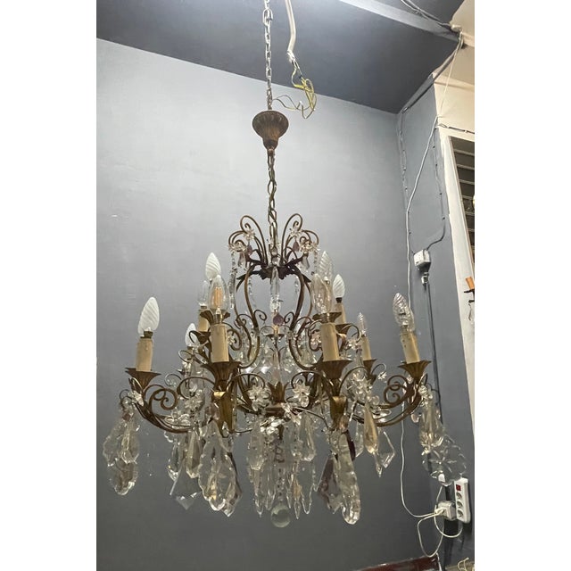 1950s Large Florentine Tole Chandelier with Murano Glass Flowers, Italy, 1950s For Sale - Image 5 of 18