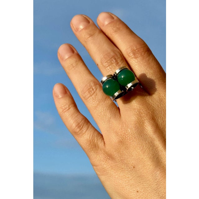 Beautiful silver ring by Elis Kauppi, with two round chrysphrase stones in an elevated setting. Playful and expressive....