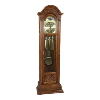 Vintage Seth Thomas 4499a Grandfather Clock With Moon-Phase Dial and Triple Chimes, Circa 1980 For Sale