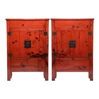 Pair of Chinese Red Lacquer Cabinets With Birds in Flight, C. 1850 For Sale