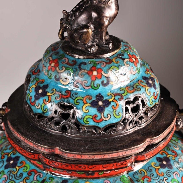 Late 20th Century Pair of Gilt Bronze Cloisonné Enamel Tripod Incense Burners With Dragon Handles For Sale In Los Angeles - Image 6 of 9